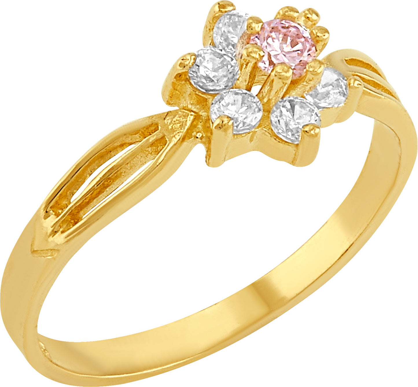 Anillo Flor con Circonias Blancas y Rosa en Oro 10k