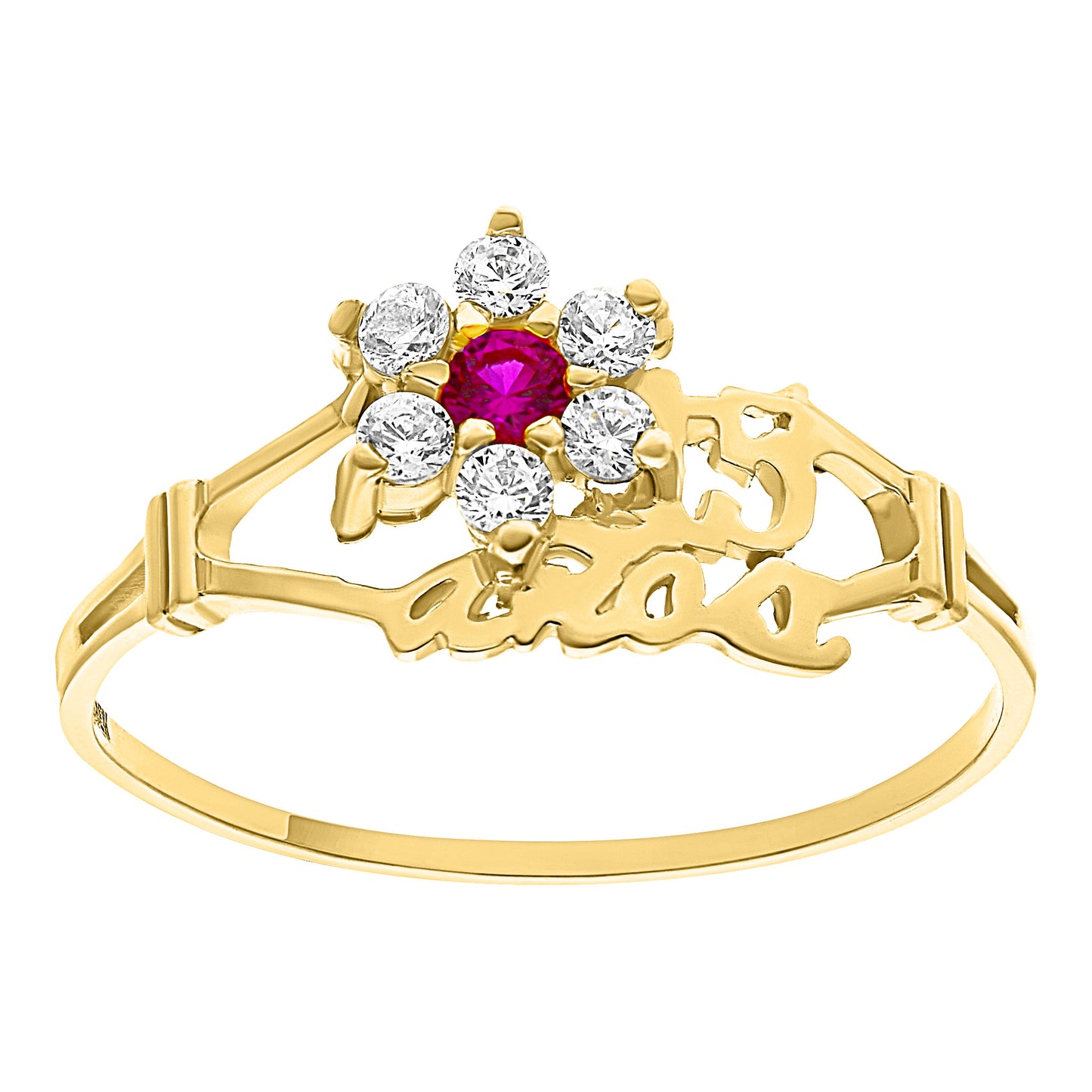 Anillo de Quinceañera con Flor y Circonias en Oro 10k