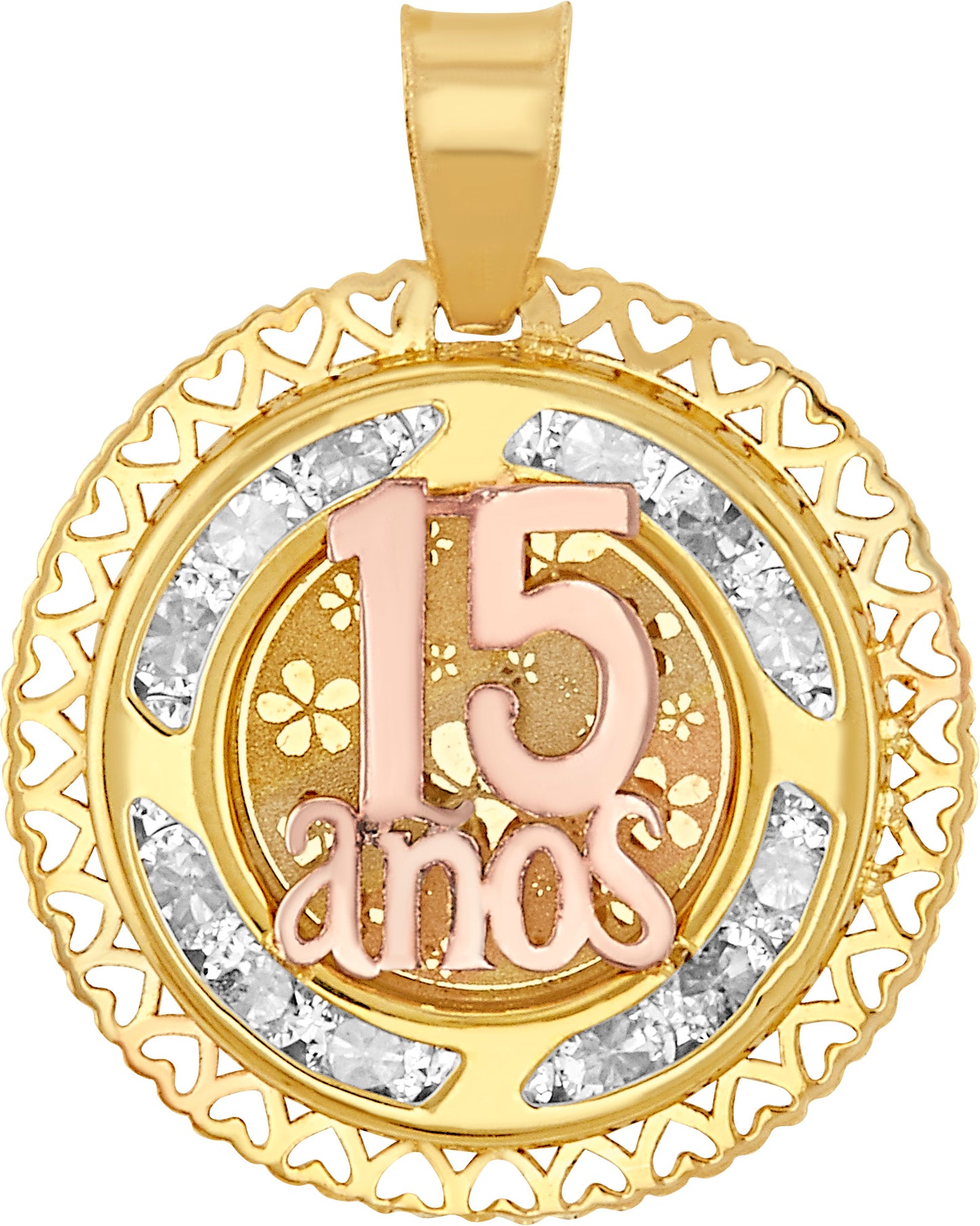 Dije Redondo de 15 Anos con Circonias en Oro Bicolor en 10k