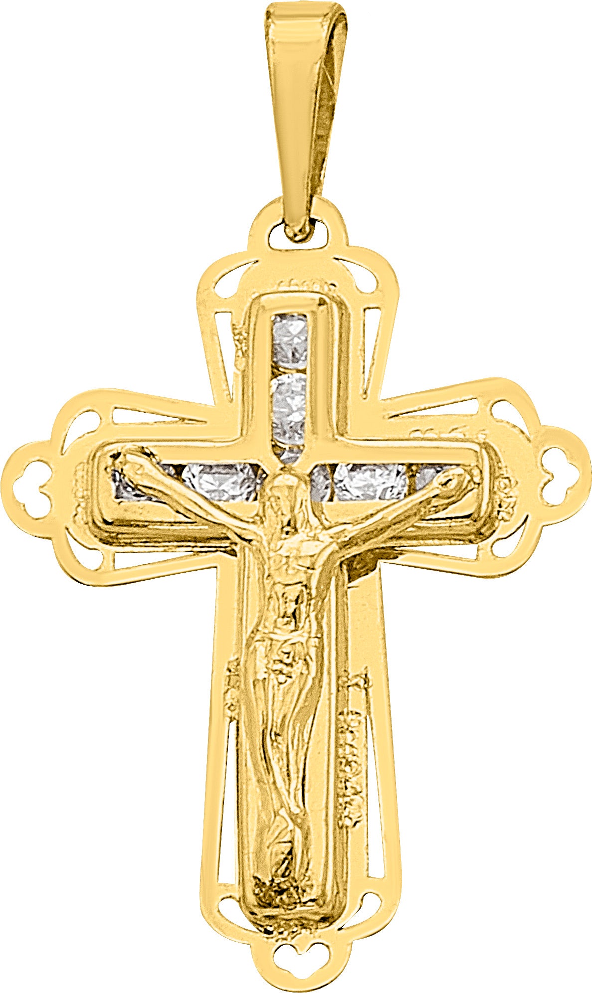 Dije de Crucifijo con Circonias en Cruz Calada de Oro 10k