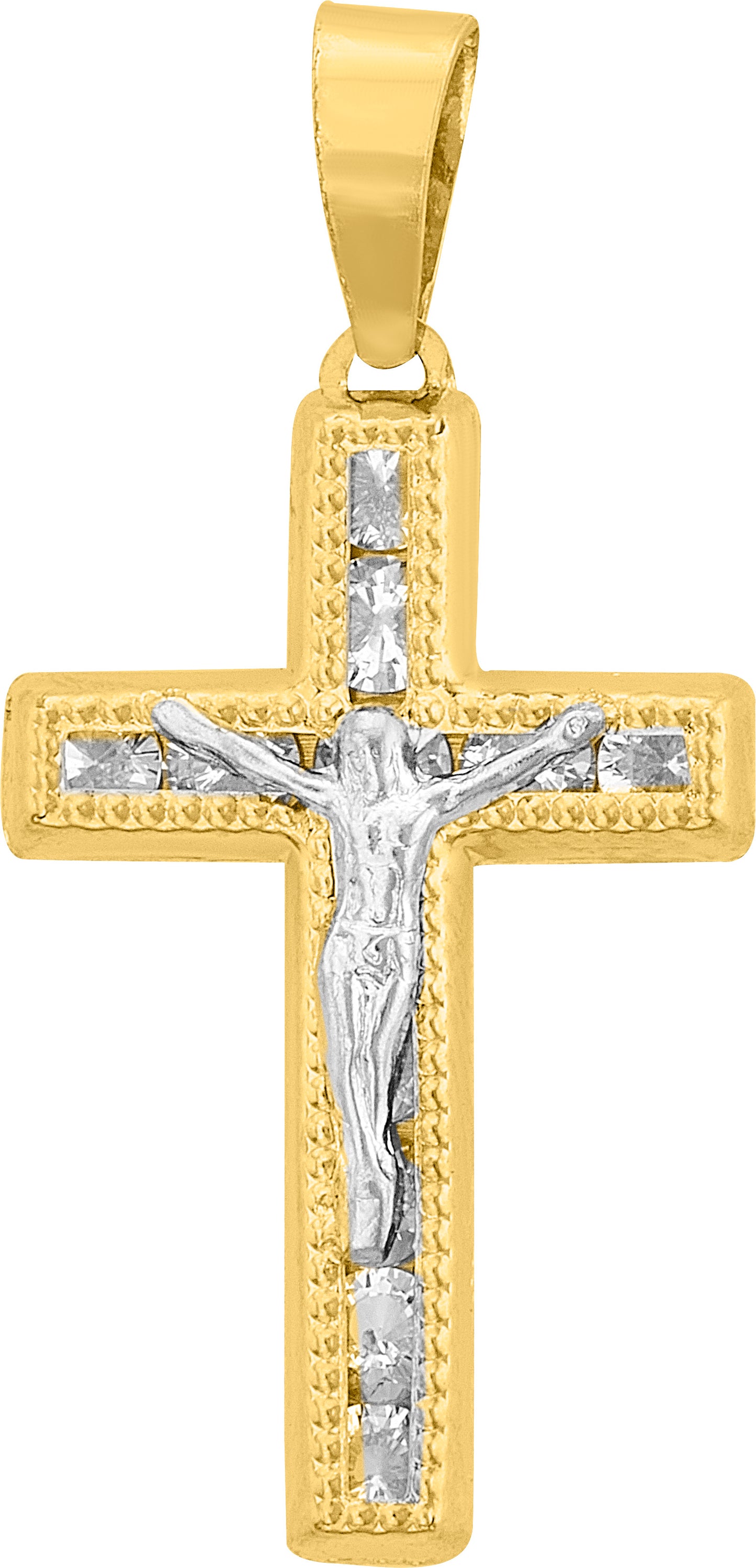 Dije de Crucifijo Bicolor con Cruz Interior de Circonias en Oro 10k
