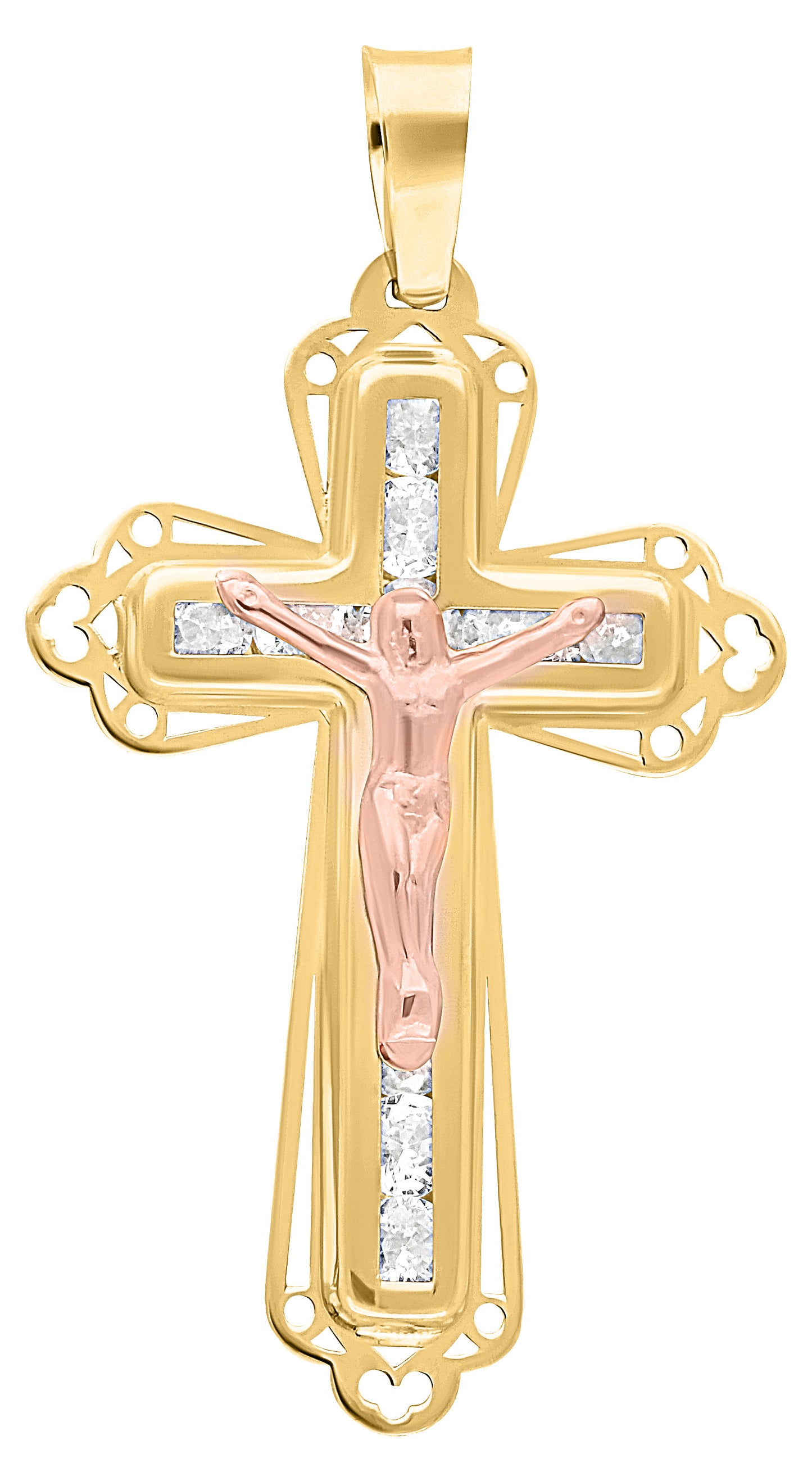 Dije de Crucifijo con Cruz Calada y Cristo en Oro Rosa 10k con Circonias