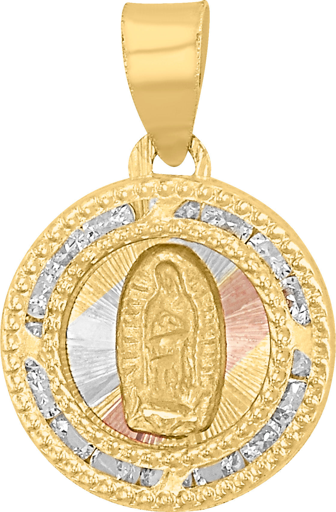 Medalla Virgen de Guadalupe Tricolor en Oro 10k con Circonias