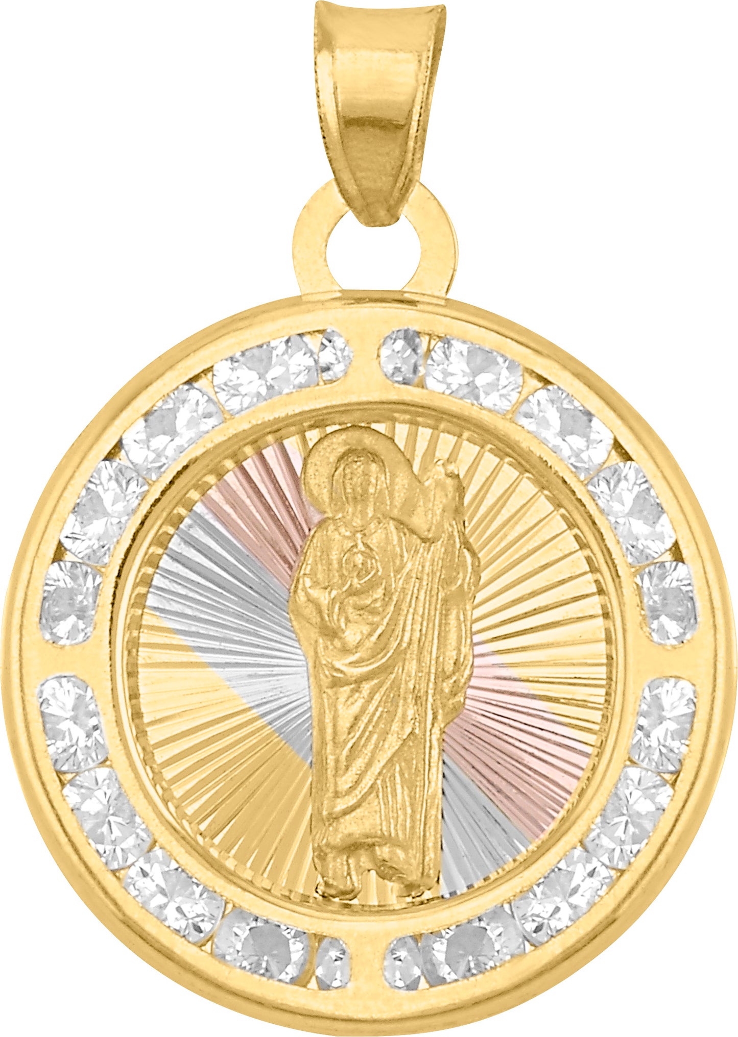 Medalla Redonda Virgen de Guadalupe Tricolor en Oro 10k con Circonias