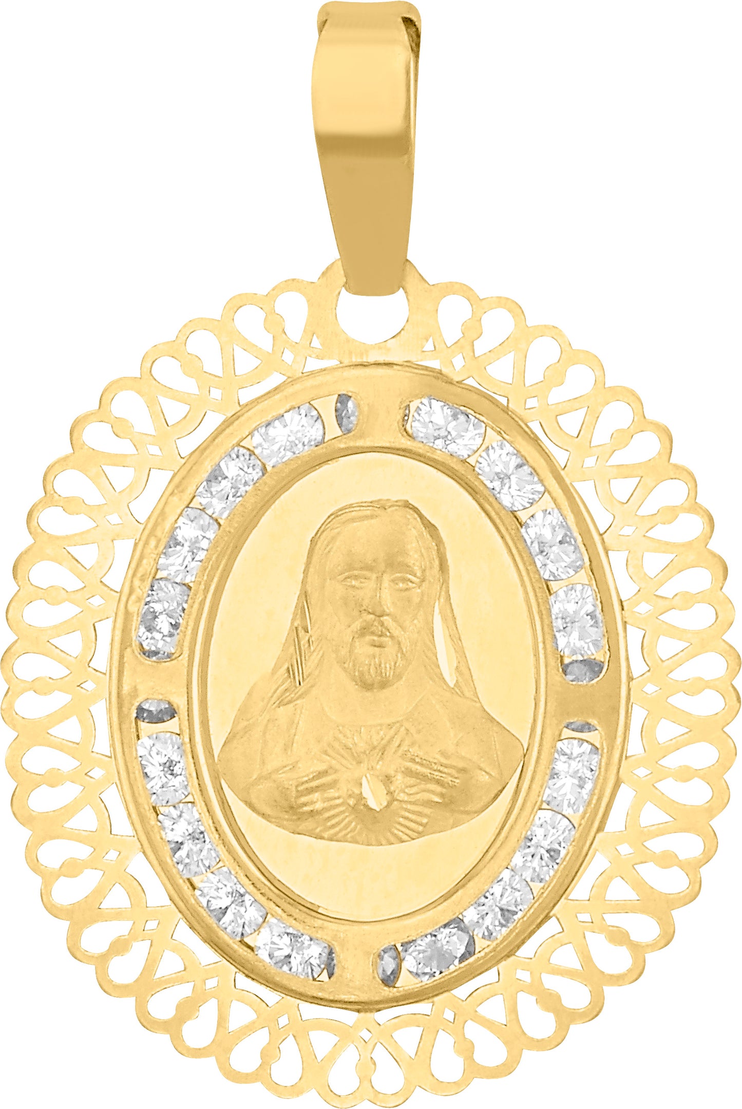 Medalla Ovalada del Sagrado Corazón Calada con Circonias en Oro 10k