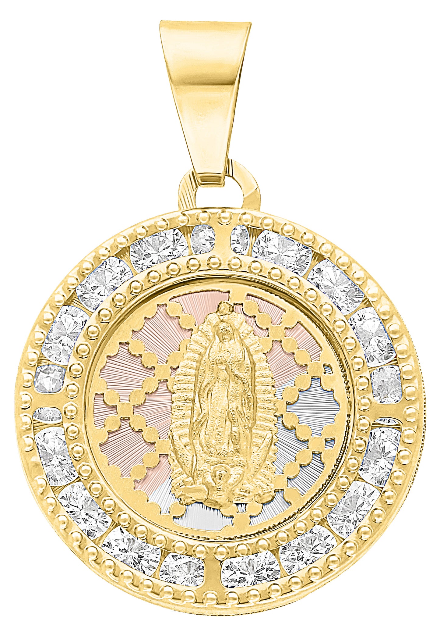 Medalla Redonda Virgen de Guadalupe Calada Tricolor con Ciconias en Oro 10k