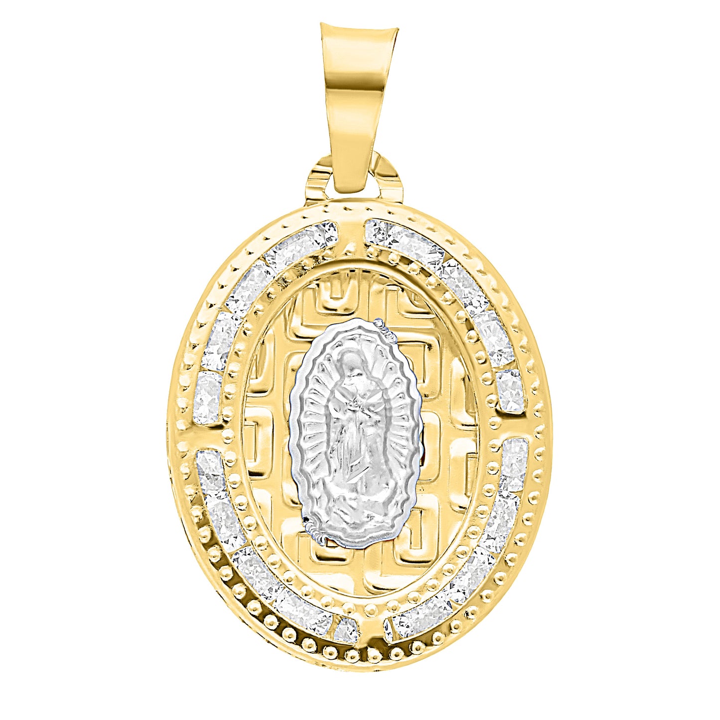 Medalla Virgen de Guadalupe Diseño Grecas Oro 10k con Circonias