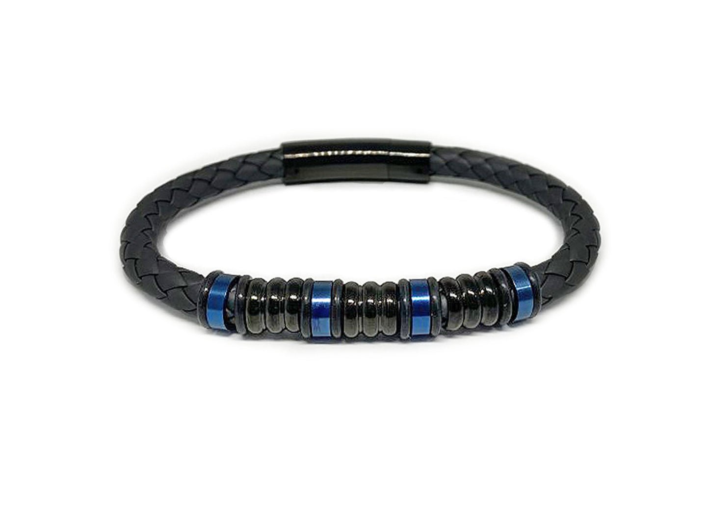 PULSERA PIEL ACERO AZUL/NEGRO