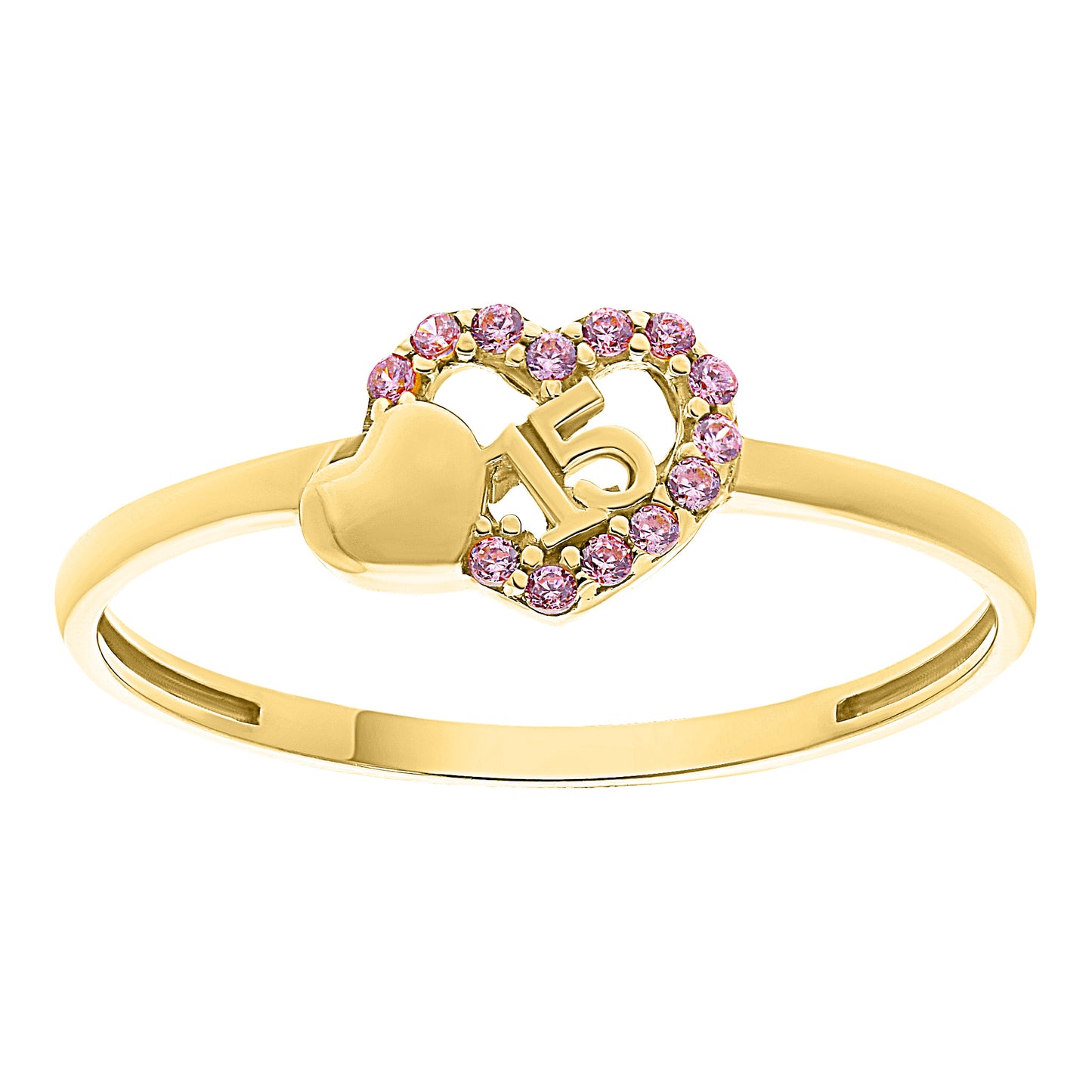 Anillo Quinceañera en Oro 10k con Doble Corazón y Circonias