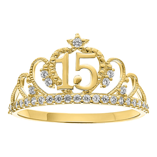 Anillo Corana de Quinceañera en Oro 10k con Circonias