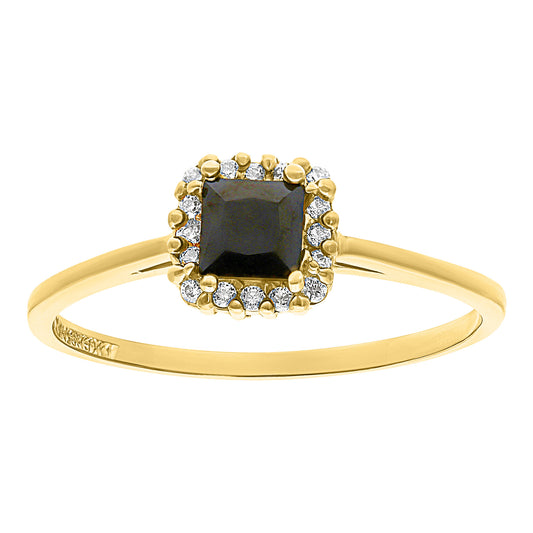 Anillo Oro 10k con Circonia Negra Cuadrada y Halo de CIrconias
