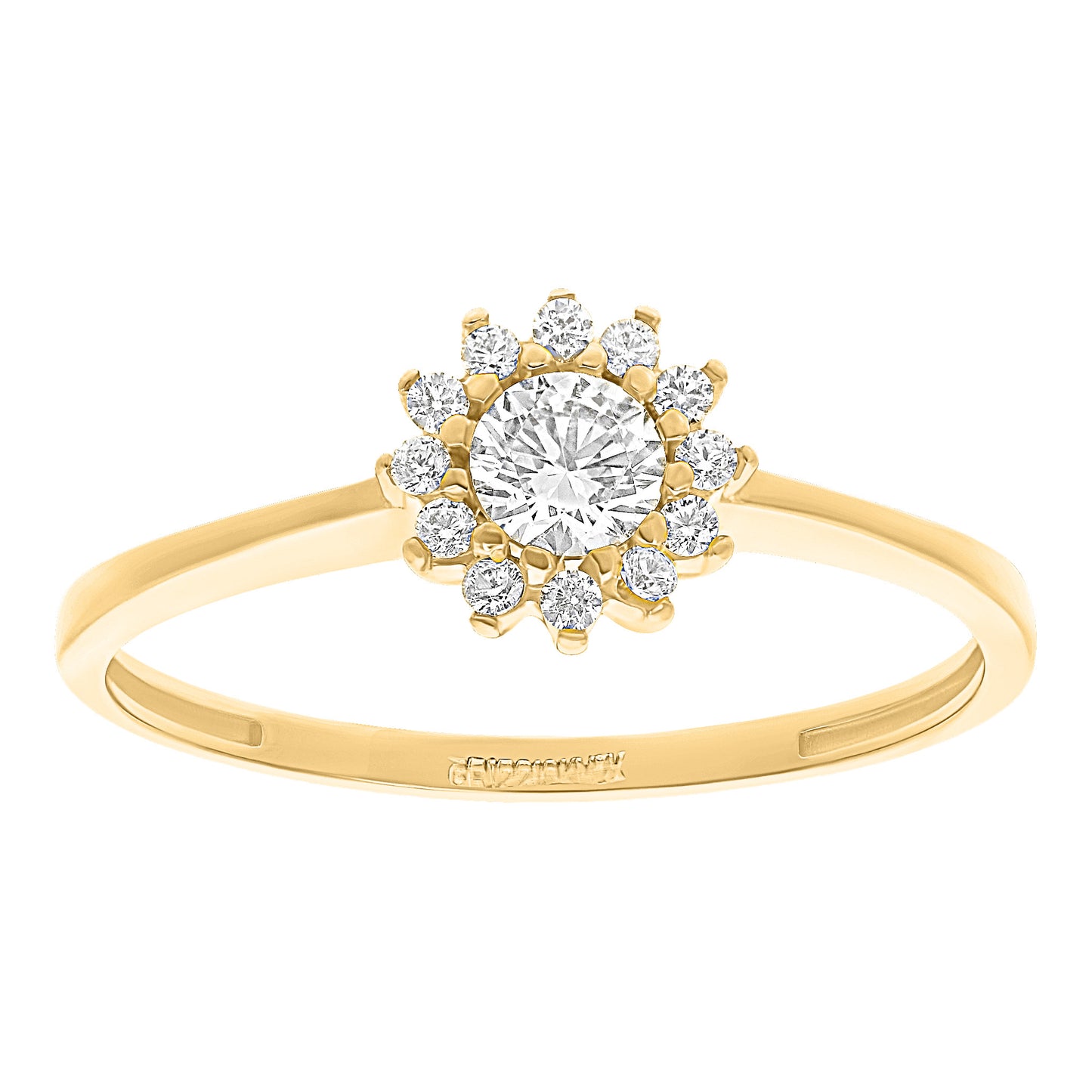 Anillo Delicado de Oro 10k con Circonia Central y Halo Floral