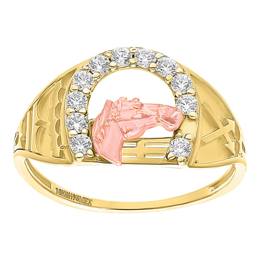 Anillo de Oro 10k con Herradura de Circonias y Caballo