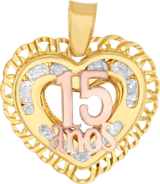 Dije de 15 Anos con Corazón, Circonias y Oro Bicolor de 10k