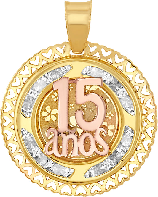 Dije Redondo de 15 Años con Circonias en Oro Bicolor en 10k