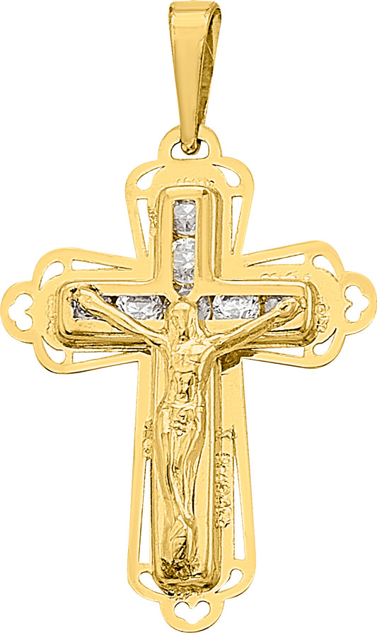 Dije de Crucifijo con Circonias en Cruz Calada de Oro 10k