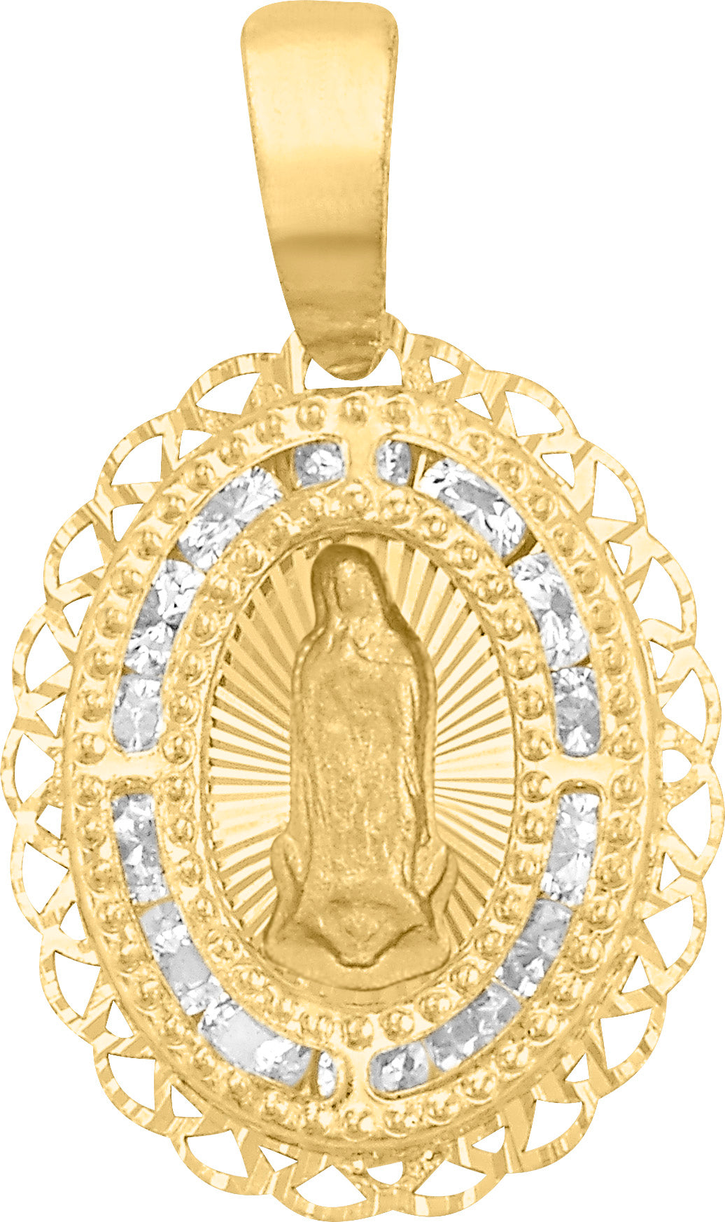 Medalla Ovalada Virgen de Guadalupe Calada con Circonias en Oro 10k