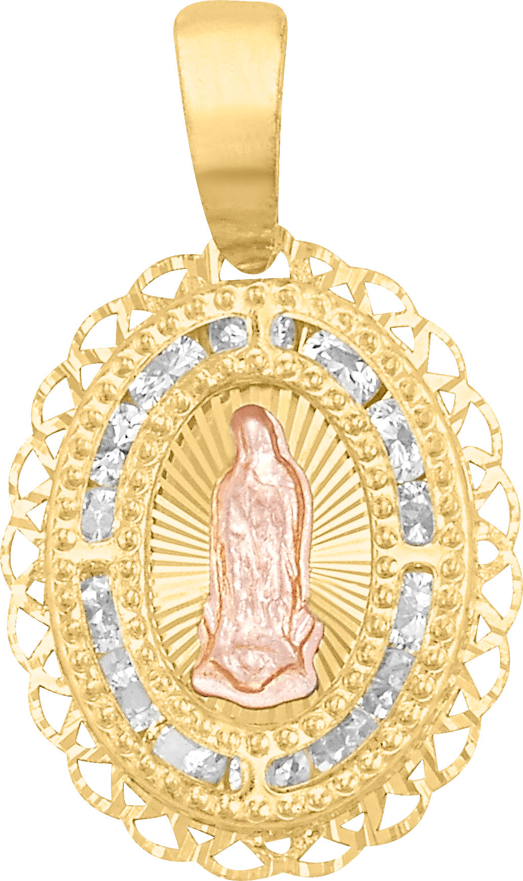 Medalla Ovalada Virgen de Guadalupe Bicolor en Oro 10k con Circonias