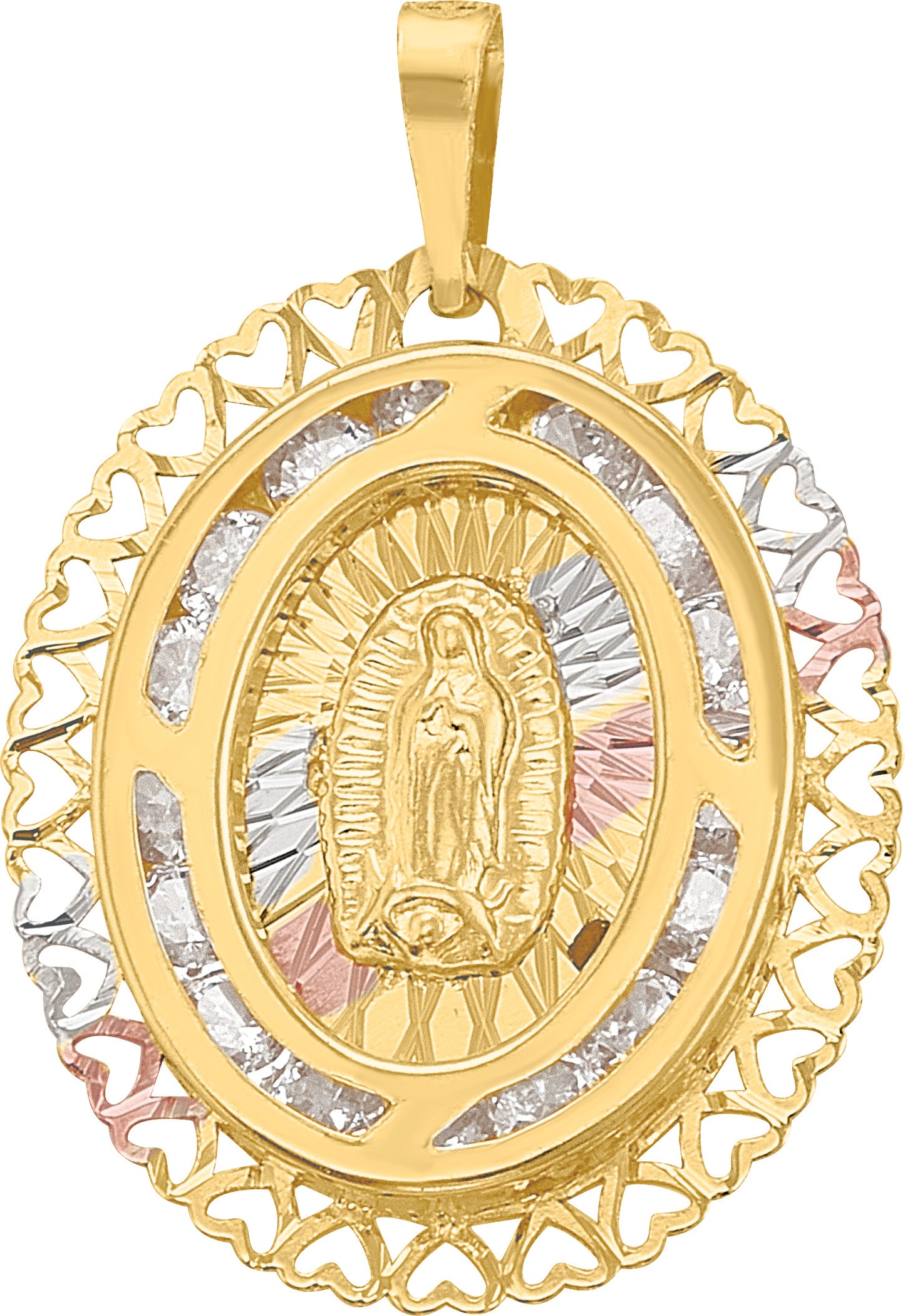 Medalla Virgen de Guadalupe Tricolor en Oro 10k con Circonias
