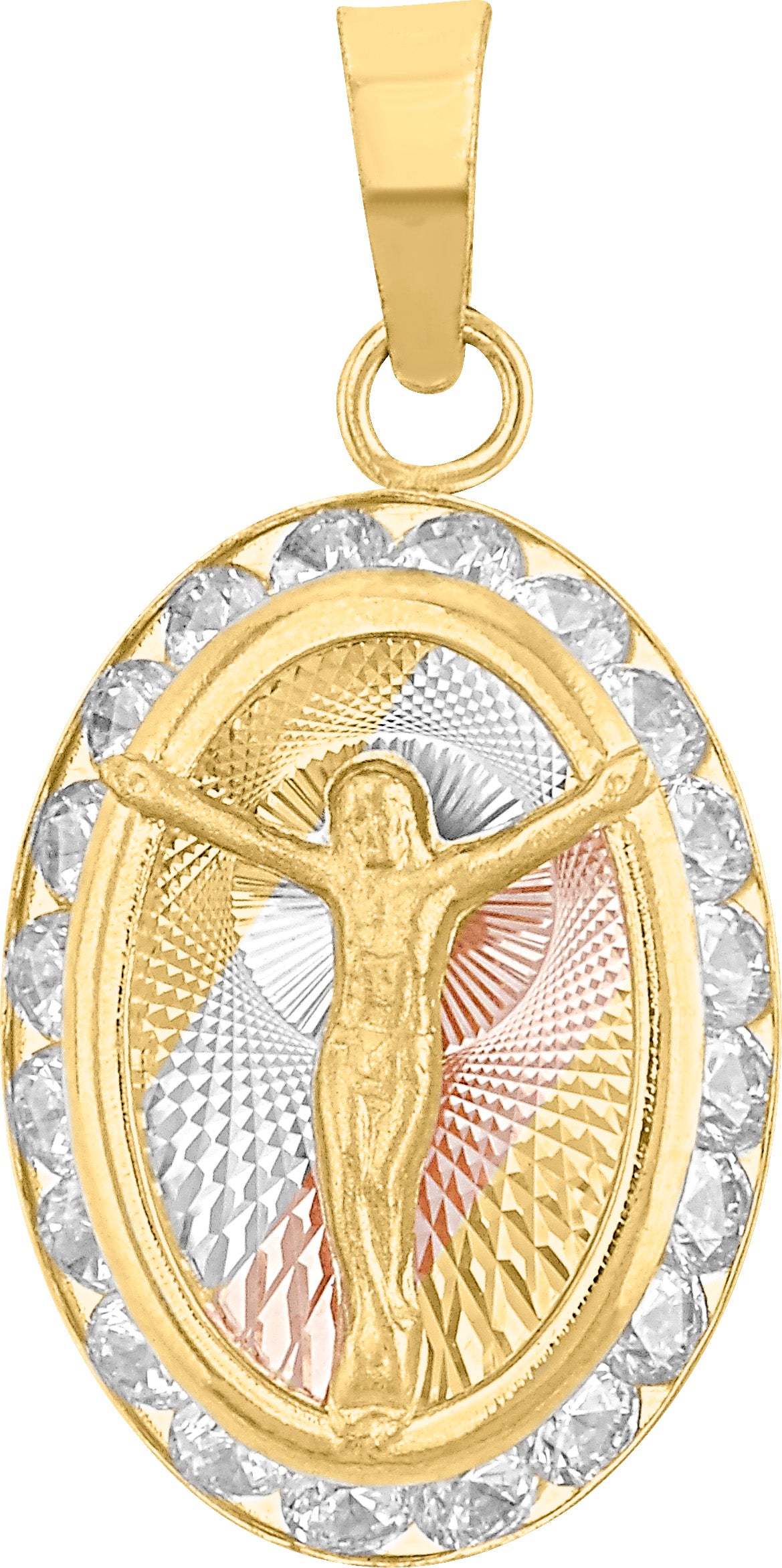 Medalla Ovalada de Cristo con Circonias Tricolor en Oro 10k