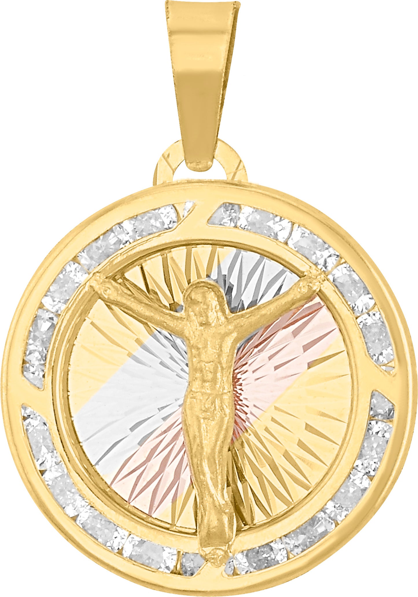 Medalla Cristo Tricolor en Oro 10k con Circonias