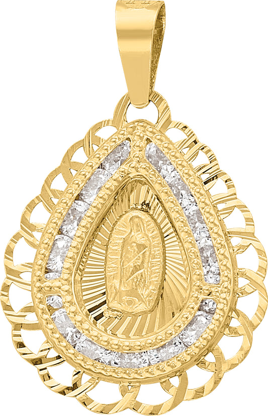Virgin of Guadalupe Teardrop Filigree Medal in 10k Gold with Cubic Zirconia