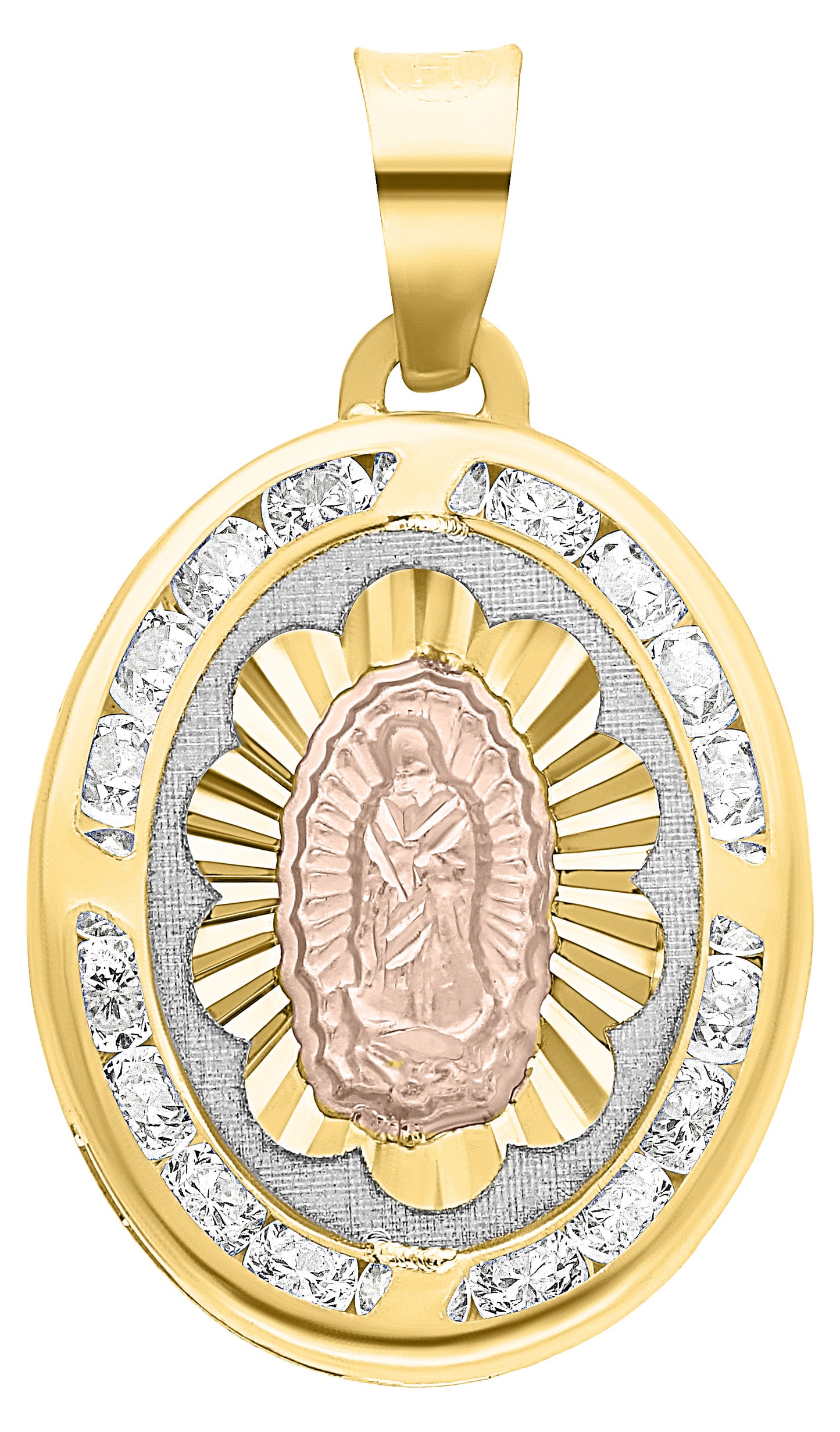 Medalla Ovalada Virgen de Guadalupe Tricolor con Circonias en Oro 10k