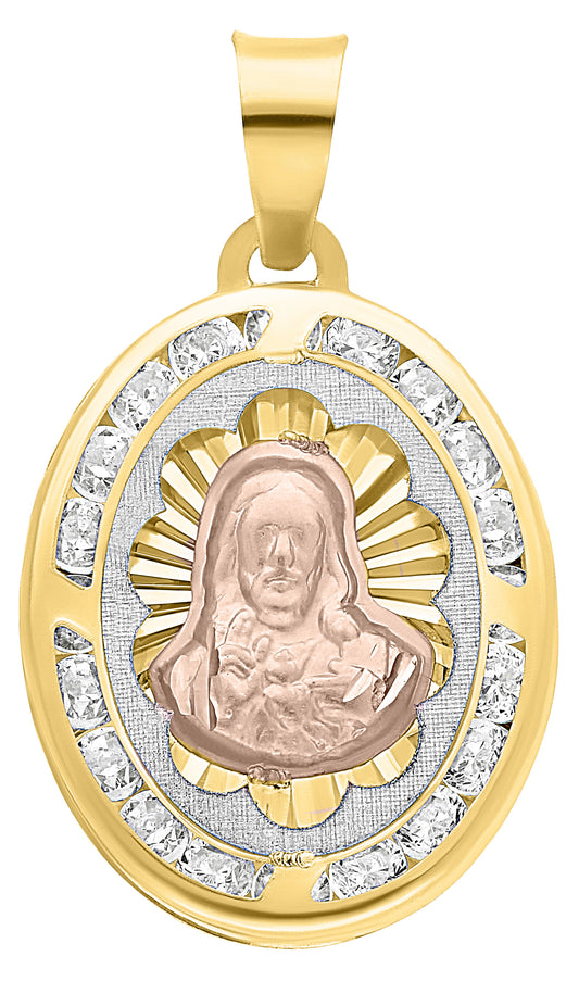 10k Gold Tricolor Oval Sacred Heart Medal with Zirconias