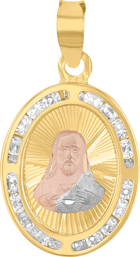 10k Gold Tricolor Sacred Heart Oval Medal with Zirconia