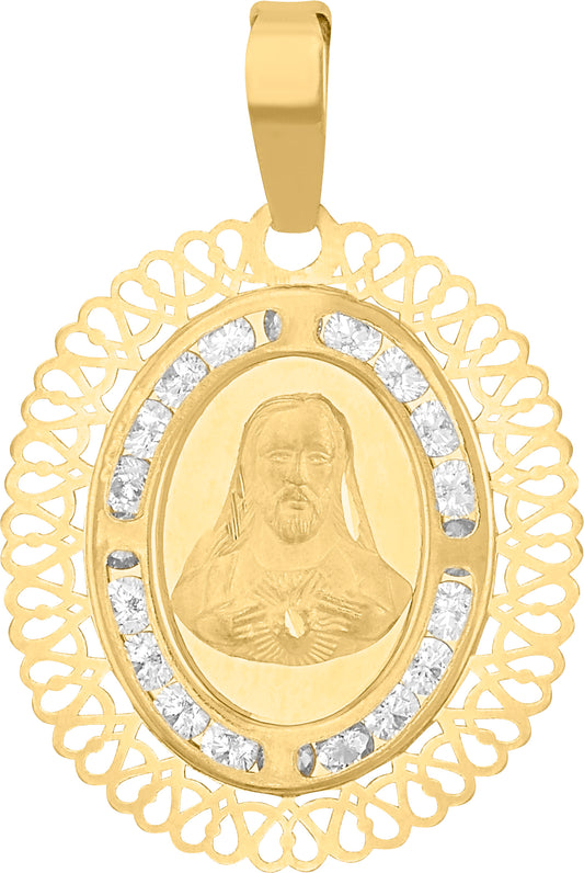 10K Gold Oval Cutout Sacred Heart Medal with Zirconia