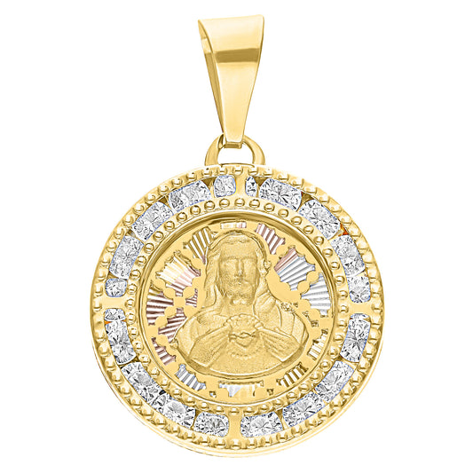 10k Gold Tricolor Cutout Round Sacred Heart Medal with Zirconias