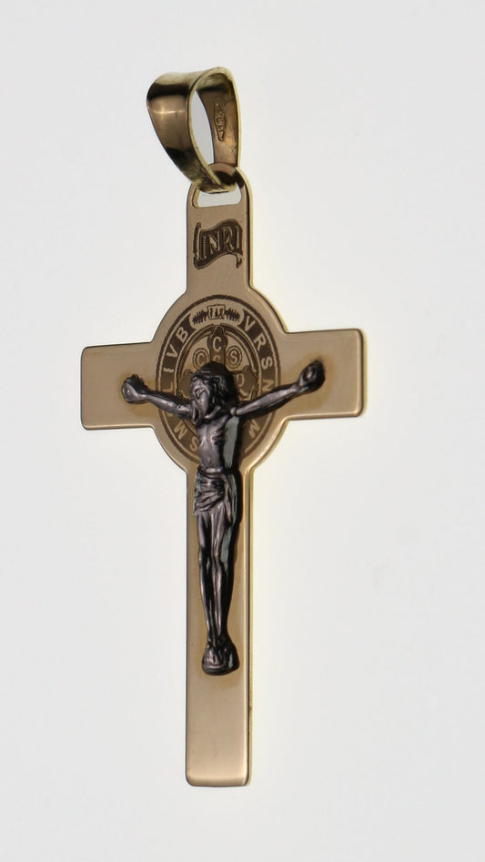 CRUZ ORO 14K PLANA CON CRISTO Y SAN BENITO